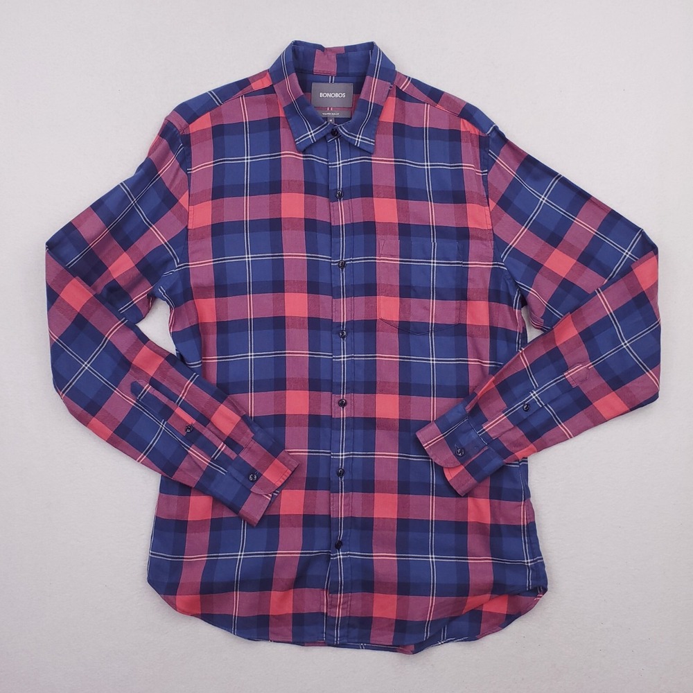 Bonobos Shirt Mens Medium Blue Pink Flannel Tartan Plaid Tailored Slim Fit